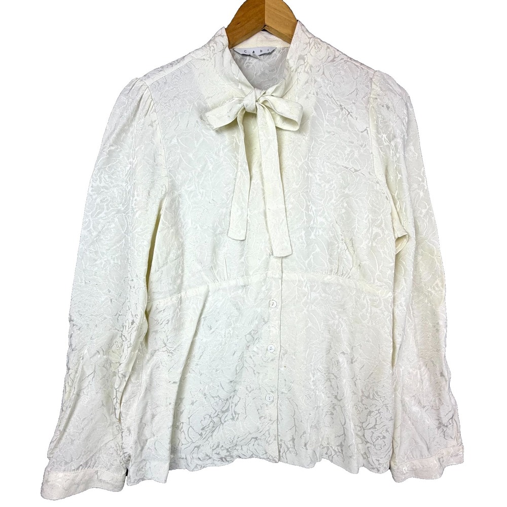 Vintage Cabi Secretary‎ Blouse Womens Medium Off White Jacquard Floral Bow Neck